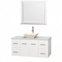 48 inch Single Bathroom Vanity in Matte White, White Man-Made Stone Countertop, Pyra Bone Porcelain Sink, and 36 inch Mirror