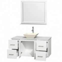 48 inch Single Bathroom Vanity in Matte White, White Man-Made Stone Countertop, Pyra Bone Porcelain Sink, and 36 inch Mirror