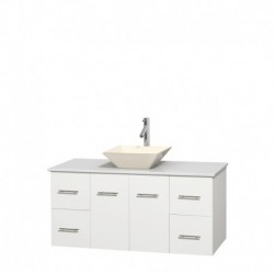 48 inch Single Bathroom Vanity in Matte White, White Man-Made Stone Countertop, Pyra Bone Porcelain Sink, and No Mirror