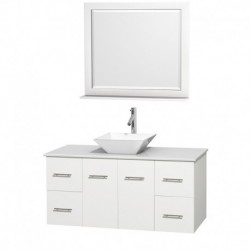 48 inch Single Bathroom Vanity in Matte White, White Man-Made Stone Countertop, Pyra White Porcelain Sink, and 36 inch Mirror