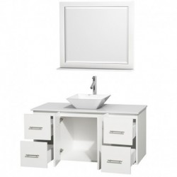 48 inch Single Bathroom Vanity in Matte White, White Man-Made Stone Countertop, Pyra White Porcelain Sink, and 36 inch Mirror