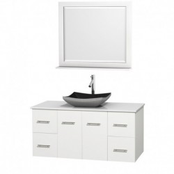48 inch Single Bathroom Vanity in Matte White, White Man-Made Stone Countertop, Altair Black Granite Sink, and 36 inch Mirror