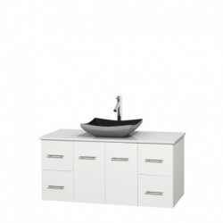 48 inch Single Bathroom Vanity in Matte White, White Man-Made Stone Countertop, Altair Black Granite Sink, and No Mirror