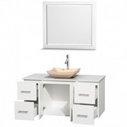 48 inch Single Bathroom Vanity in Matte White, White Man-Made Stone Countertop, Avalon Ivory Marble Sink, and 36 inch Mirror