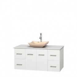48 inch Single Bathroom Vanity in Matte White, White Man-Made Stone Countertop, Avalon Ivory Marble Sink, and No Mirror