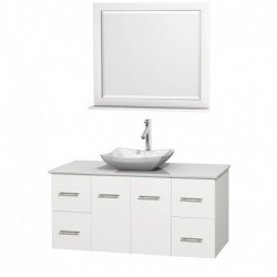 48 inch Single Bathroom Vanity in Matte White, White Man-Made Stone Countertop, Avalon White Carrera Marble Sink, and 36 inch M