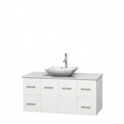 48 inch Single Bathroom Vanity in Matte White, White Man-Made Stone Countertop, Avalon White Carrera Marble Sink, and No Mirror