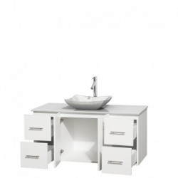48 inch Single Bathroom Vanity in Matte White, White Man-Made Stone Countertop, Avalon White Carrera Marble Sink, and No Mirror