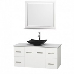 48 inch Single Bathroom Vanity in Matte White, White Man-Made Stone Countertop, Arista Black Granite Sink, and 36 inch Mirror