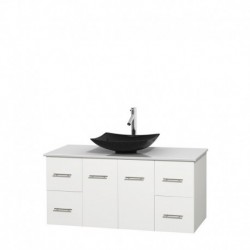 48 inch Single Bathroom Vanity in Matte White, White Man-Made Stone Countertop, Arista Black Granite Sink, and No Mirror
