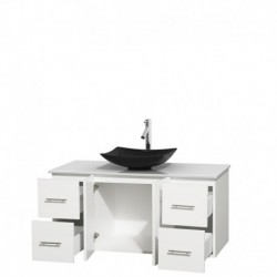 48 inch Single Bathroom Vanity in Matte White, White Man-Made Stone Countertop, Arista Black Granite Sink, and No Mirror