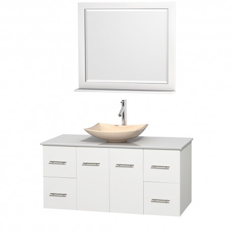 48 inch Single Bathroom Vanity in Matte White, White Man-Made Stone Countertop, Arista Ivory Marble Sink, and 36 inch Mirror