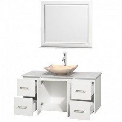 48 inch Single Bathroom Vanity in Matte White, White Man-Made Stone Countertop, Arista Ivory Marble Sink, and 36 inch Mirror