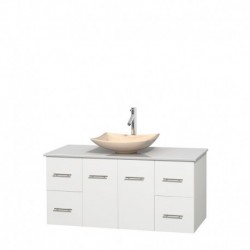 48 inch Single Bathroom Vanity in Matte White, White Man-Made Stone Countertop, Arista Ivory Marble Sink, and No Mirror