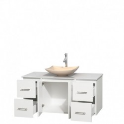 48 inch Single Bathroom Vanity in Matte White, White Man-Made Stone Countertop, Arista Ivory Marble Sink, and No Mirror
