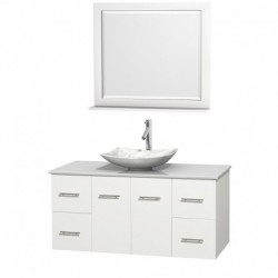 48 inch Single Bathroom Vanity in Matte White, White Man-Made Stone Countertop, Arista White Carrera Marble Sink, and 36 inch M