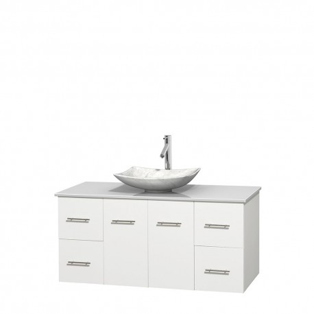 48 inch Single Bathroom Vanity in Matte White, White Man-Made Stone Countertop, Arista White Carrera Marble Sink, and No Mirror