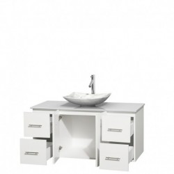 48 inch Single Bathroom Vanity in Matte White, White Man-Made Stone Countertop, Arista White Carrera Marble Sink, and No Mirror