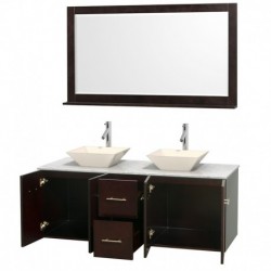 60 inch Double Bathroom Vanity in Espresso, White Carrera Marble Countertop, Pyra Bone Porcelain Sinks, and 58 inch Mirror