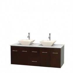 60 inch Double Bathroom Vanity in Espresso, White Carrera Marble Countertop, Pyra Bone Porcelain Sinks, and No Mirror