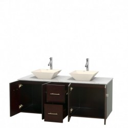 60 inch Double Bathroom Vanity in Espresso, White Carrera Marble Countertop, Pyra Bone Porcelain Sinks, and No Mirror