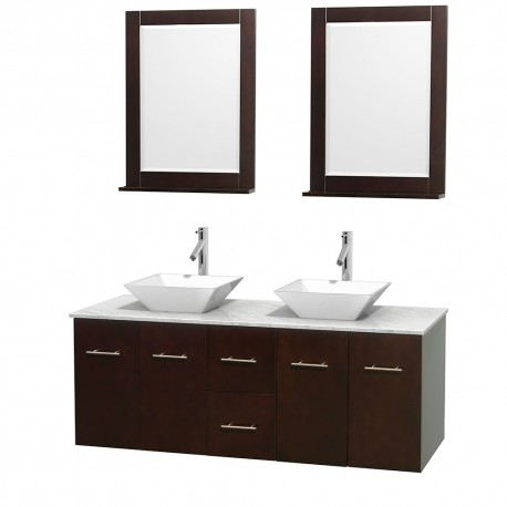 60 inch Double Bathroom Vanity in Espresso, White Carrera Marble Countertop, Pyra White Porcelain Sinks, and 24 inch Mirrors