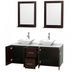 60 inch Double Bathroom Vanity in Espresso, White Carrera Marble Countertop, Pyra White Porcelain Sinks, and 24 inch Mirrors