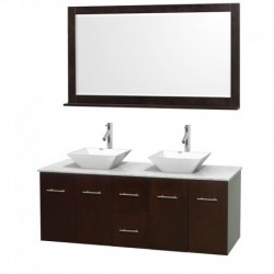 60 inch Double Bathroom Vanity in Espresso, White Carrera Marble Countertop, Pyra White Porcelain Sinks, and 58 inch Mirror