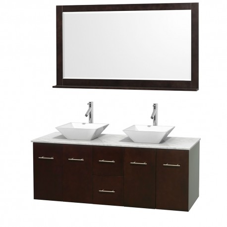 60 inch Double Bathroom Vanity in Espresso, White Carrera Marble Countertop, Pyra White Porcelain Sinks, and 58 inch Mirror