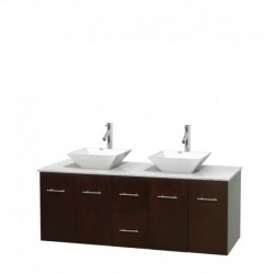 60 inch Double Bathroom Vanity in Espresso, White Carrera Marble Countertop, Pyra White Porcelain Sinks, and No Mirror