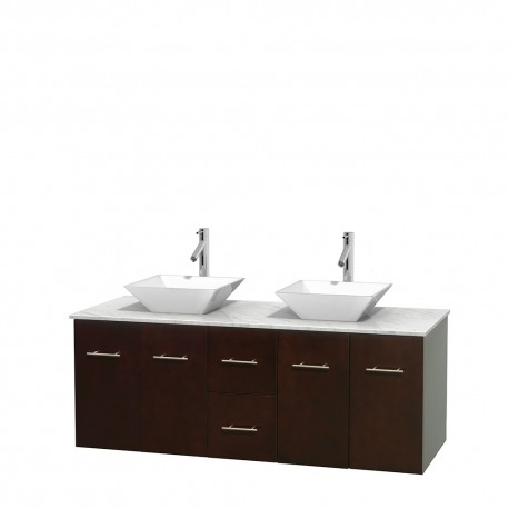 60 inch Double Bathroom Vanity in Espresso, White Carrera Marble Countertop, Pyra White Porcelain Sinks, and No Mirror