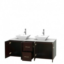 60 inch Double Bathroom Vanity in Espresso, White Carrera Marble Countertop, Pyra White Porcelain Sinks, and No Mirror