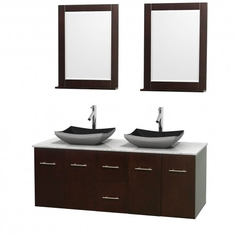 60 inch Double Bathroom Vanity in Espresso, White Carrera Marble Countertop, Altair Black Granite Sinks, and 24 inch Mirrors
