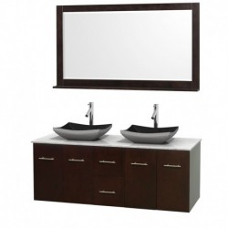 60 inch Double Bathroom Vanity in Espresso, White Carrera Marble Countertop, Altair Black Granite Sinks, and 58 inch Mirror