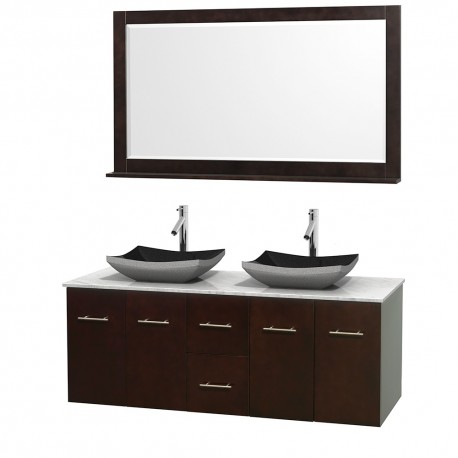 60 inch Double Bathroom Vanity in Espresso, White Carrera Marble Countertop, Altair Black Granite Sinks, and 58 inch Mirror