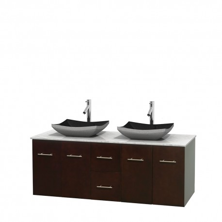 60 inch Double Bathroom Vanity in Espresso, White Carrera Marble Countertop, Altair Black Granite Sinks, and No Mirror