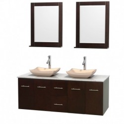 60 inch Double Bathroom Vanity in Espresso, White Carrera Marble Countertop, Avalon Ivory Marble Sinks, and 24 inch Mirrors