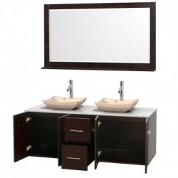 60 inch Double Bathroom Vanity in Espresso, White Carrera Marble Countertop, Avalon Ivory Marble Sinks, and 58 inch Mirror
