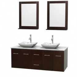 60 inch Double Bathroom Vanity in Espresso, White Carrera Marble Countertop, Avalon White Carrera Marble Sinks, and 24 inch Mir