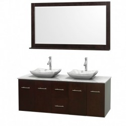 60 inch Double Bathroom Vanity in Espresso, White Carrera Marble Countertop, Avalon White Carrera Marble Sinks, and 58 inch Mir