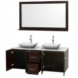60 inch Double Bathroom Vanity in Espresso, White Carrera Marble Countertop, Avalon White Carrera Marble Sinks, and 58 inch Mir