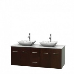 60 inch Double Bathroom Vanity in Espresso, White Carrera Marble Countertop, Avalon White Carrera Marble Sinks, and No Mirror