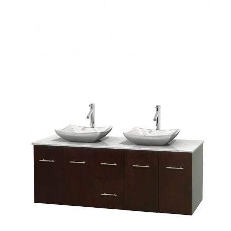 60 inch Double Bathroom Vanity in Espresso, White Carrera Marble Countertop, Avalon White Carrera Marble Sinks, and No Mirror