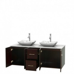 60 inch Double Bathroom Vanity in Espresso, White Carrera Marble Countertop, Avalon White Carrera Marble Sinks, and No Mirror