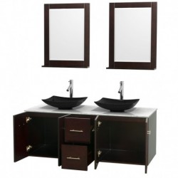 60 inch Double Bathroom Vanity in Espresso, White Carrera Marble Countertop, Arista Black Granite Sinks, and 24 inch Mirrors