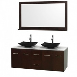 60 inch Double Bathroom Vanity in Espresso, White Carrera Marble Countertop, Arista Black Granite Sinks, and 58 inch Mirror