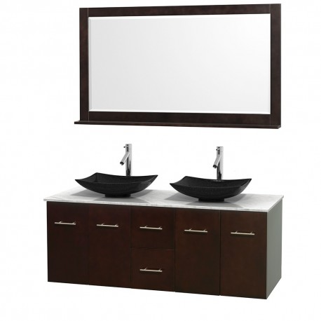 60 inch Double Bathroom Vanity in Espresso, White Carrera Marble Countertop, Arista Black Granite Sinks, and 58 inch Mirror