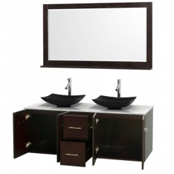 60 inch Double Bathroom Vanity in Espresso, White Carrera Marble Countertop, Arista Black Granite Sinks, and 58 inch Mirror