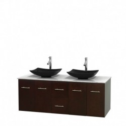 60 inch Double Bathroom Vanity in Espresso, White Carrera Marble Countertop, Arista Black Granite Sinks, and No Mirror