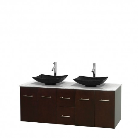 60 inch Double Bathroom Vanity in Espresso, White Carrera Marble Countertop, Arista Black Granite Sinks, and No Mirror